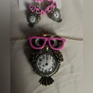 Betsey Johnson “Back to Cool” owl necklace & earring set (pink and silver tone)